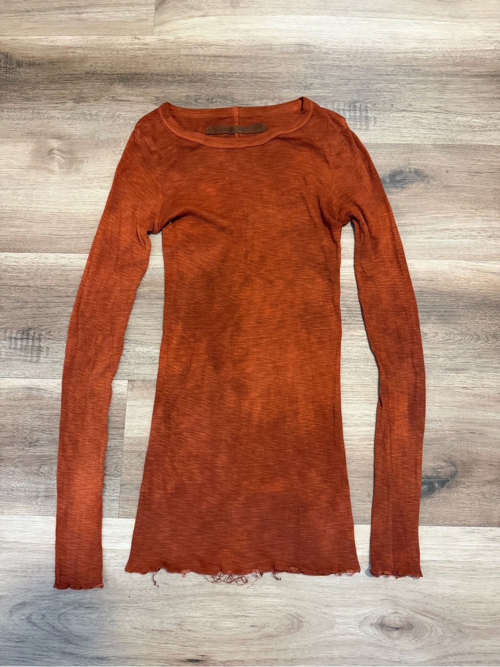 Enza Costa Long Sleeve Crew Neck Tee Raw Hem size XS Burnt Orange USA Made